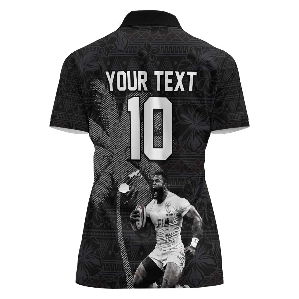 Custom Fiji Rugby Pacific Champions 2024 Women Polo Shirt Anniversary 7 Titles - Fijians Rugby and Tapa Hibiscus Black Art LT03 - Polynesian Pride