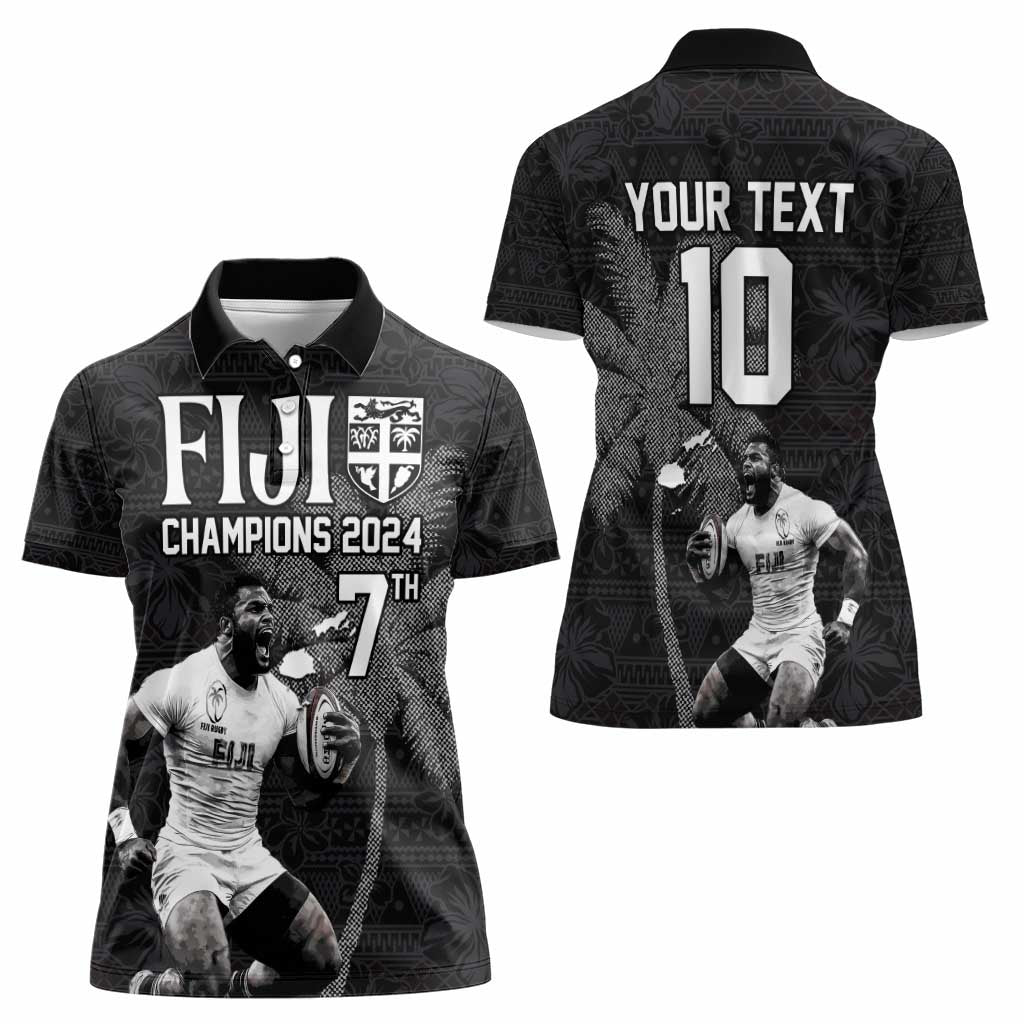 Custom Fiji Rugby Pacific Champions 2024 Women Polo Shirt Anniversary 7 Titles - Fijians Rugby and Tapa Hibiscus Black Art LT03 - Polynesian Pride