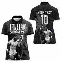 Custom Fiji Rugby Pacific Champions 2024 Women Polo Shirt Anniversary 7 Titles - Fijians Rugby and Tapa Hibiscus Black Art LT03 - Polynesian Pride