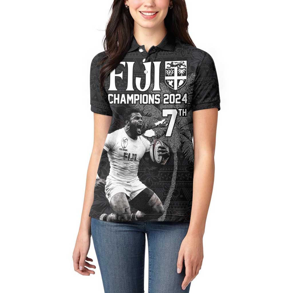 Custom Fiji Rugby Pacific Champions 2024 Women Polo Shirt Anniversary 7 Titles - Fijians Rugby and Tapa Hibiscus Black Art LT03 - Polynesian Pride
