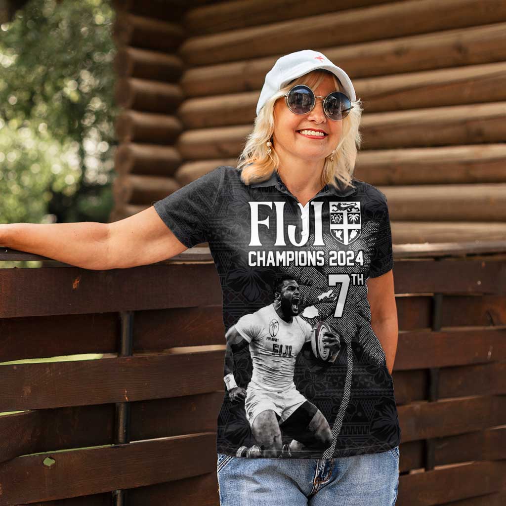 Custom Fiji Rugby Pacific Champions 2024 Women Polo Shirt Anniversary 7 Titles - Fijians Rugby and Tapa Hibiscus Black Art LT03 - Polynesian Pride