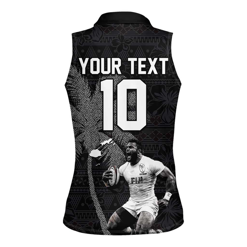 Custom Fiji Rugby Pacific Champions 2024 Women Sleeveless Polo Shirt Anniversary 7 Titles - Fijians Rugby and Tapa Hibiscus Black Art LT03 - Polynesian Pride