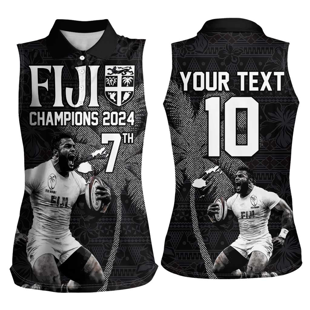 Custom Fiji Rugby Pacific Champions 2024 Women Sleeveless Polo Shirt Anniversary 7 Titles - Fijians Rugby and Tapa Hibiscus Black Art LT03 - Polynesian Pride