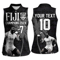 Custom Fiji Rugby Pacific Champions 2024 Women Sleeveless Polo Shirt Anniversary 7 Titles - Fijians Rugby and Tapa Hibiscus Black Art LT03 - Polynesian Pride