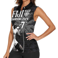 Custom Fiji Rugby Pacific Champions 2024 Women Sleeveless Polo Shirt Anniversary 7 Titles - Fijians Rugby and Tapa Hibiscus Black Art LT03 - Polynesian Pride