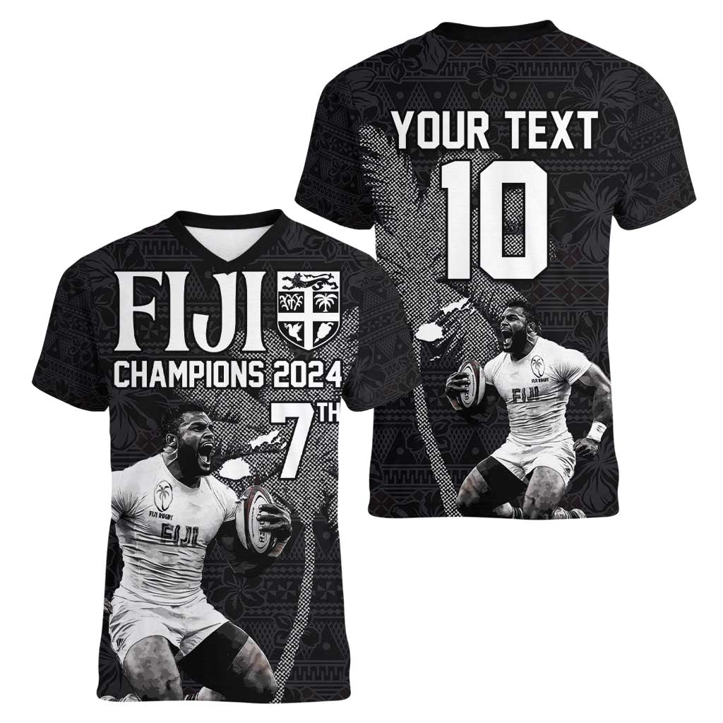 Custom Fiji Rugby Pacific Champions 2024 Women V-Neck T-Shirt Anniversary 7 Titles - Fijians Rugby and Tapa Hibiscus Black Art LT03 - Polynesian Pride