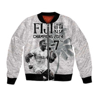 Custom Fiji Rugby Pacific Champions 2024 Bomber Jacket Anniversary 7 Titles - Fijians Rugby and Tapa Hibiscus White Art LT03 Unisex White - Polynesian Pride