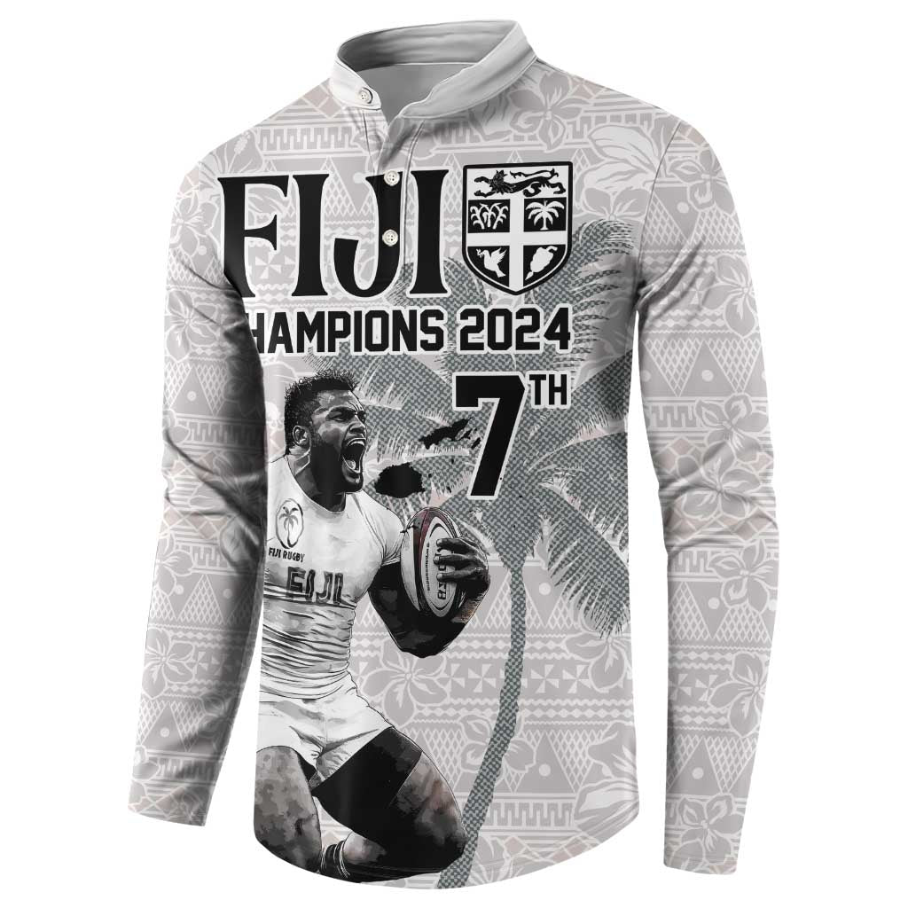 Custom Fiji Rugby Pacific Champions 2024 Button Sweatshirt Anniversary 7 Titles - Fijians Rugby and Tapa Hibiscus White Art LT03 - Polynesian Pride