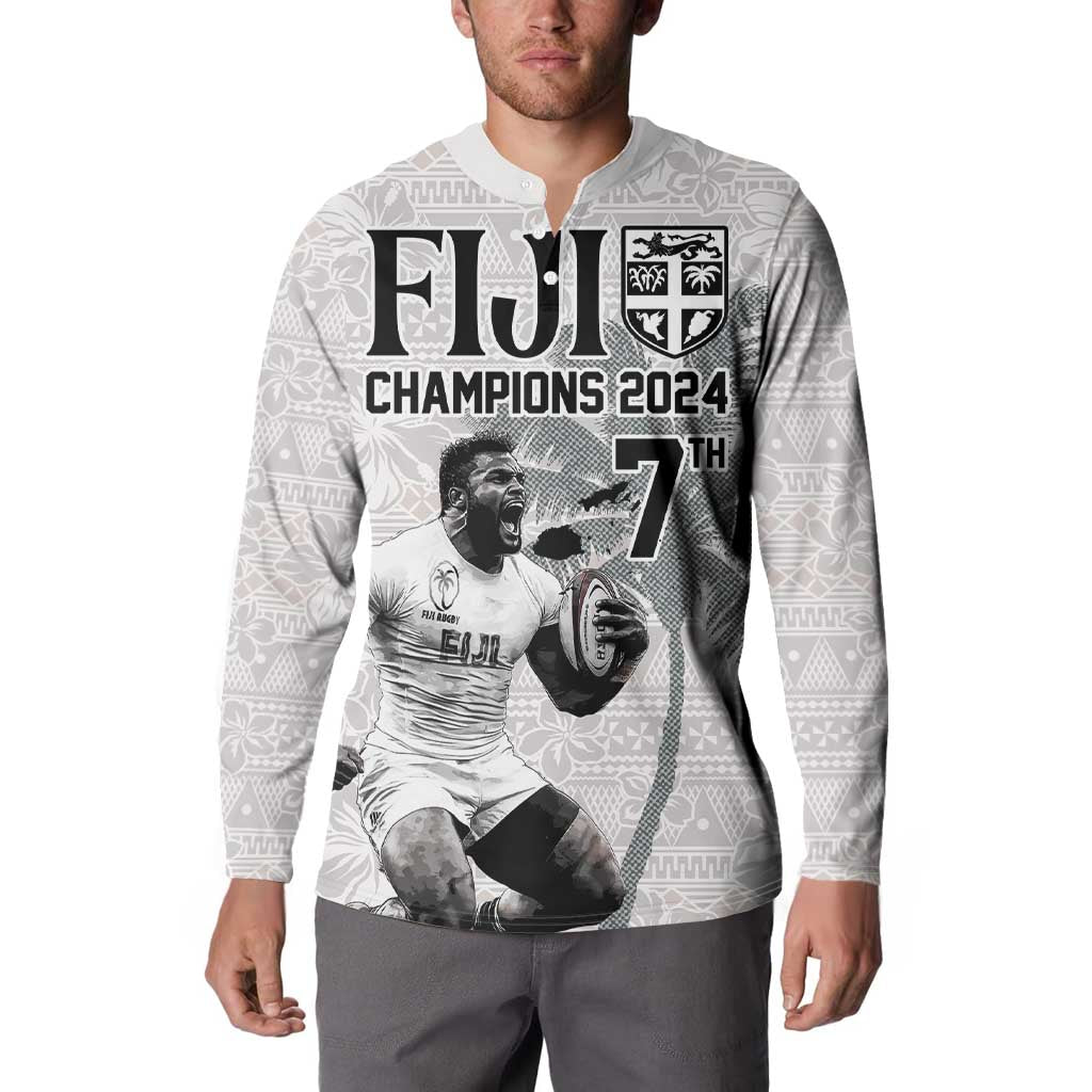 Custom Fiji Rugby Pacific Champions 2024 Button Sweatshirt Anniversary 7 Titles - Fijians Rugby and Tapa Hibiscus White Art LT03 - Polynesian Pride