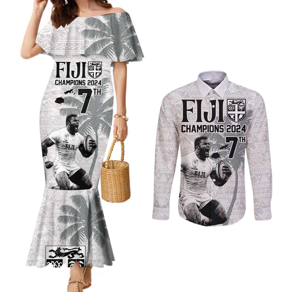 Custom Fiji Rugby Pacific Champions 2024 Couples Matching Mermaid Dress and Long Sleeve Button Shirt Anniversary 7 Titles - Fijians Rugby and Tapa Hibiscus White Art LT03 White - Polynesian Pride