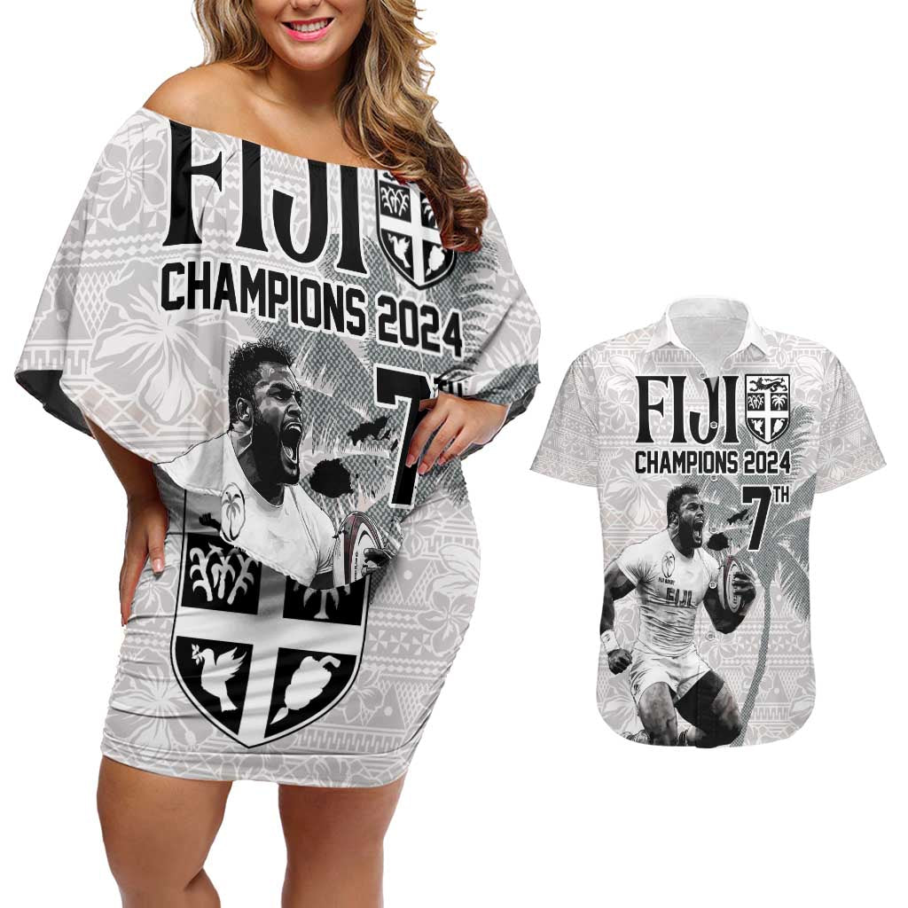 Custom Fiji Rugby Pacific Champions 2024 Couples Matching Off Shoulder Short Dress and Hawaiian Shirt Anniversary 7 Titles - Fijians Rugby and Tapa Hibiscus White Art LT03 White - Polynesian Pride