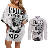 Custom Fiji Rugby Pacific Champions 2024 Couples Matching Off Shoulder Short Dress and Long Sleeve Button Shirt Anniversary 7 Titles - Fijians Rugby and Tapa Hibiscus White Art LT03 White - Polynesian Pride