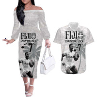 Custom Fiji Rugby Pacific Champions 2024 Couples Matching Off The Shoulder Long Sleeve Dress and Hawaiian Shirt Anniversary 7 Titles - Fijians Rugby and Tapa Hibiscus White Art LT03 White - Polynesian Pride