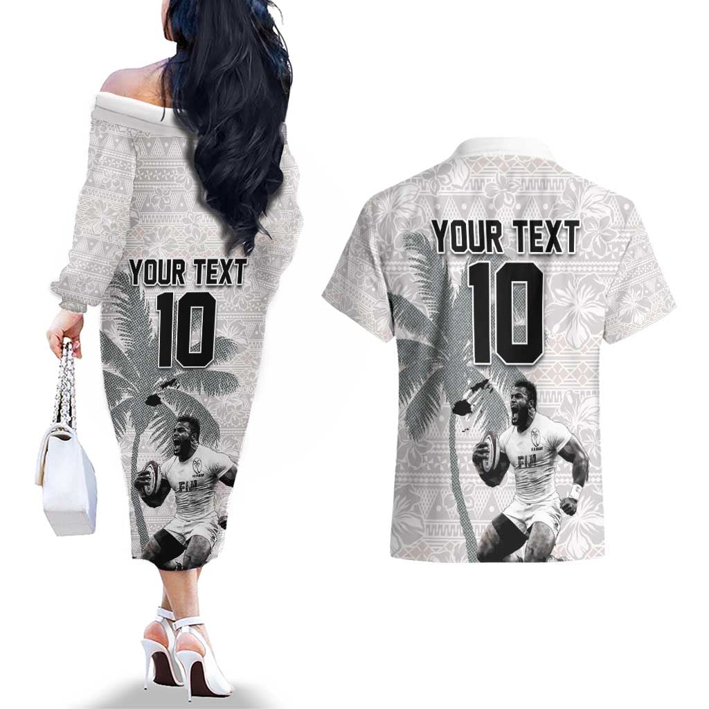 Custom Fiji Rugby Pacific Champions 2024 Couples Matching Off The Shoulder Long Sleeve Dress and Hawaiian Shirt Anniversary 7 Titles - Fijians Rugby and Tapa Hibiscus White Art LT03 - Polynesian Pride