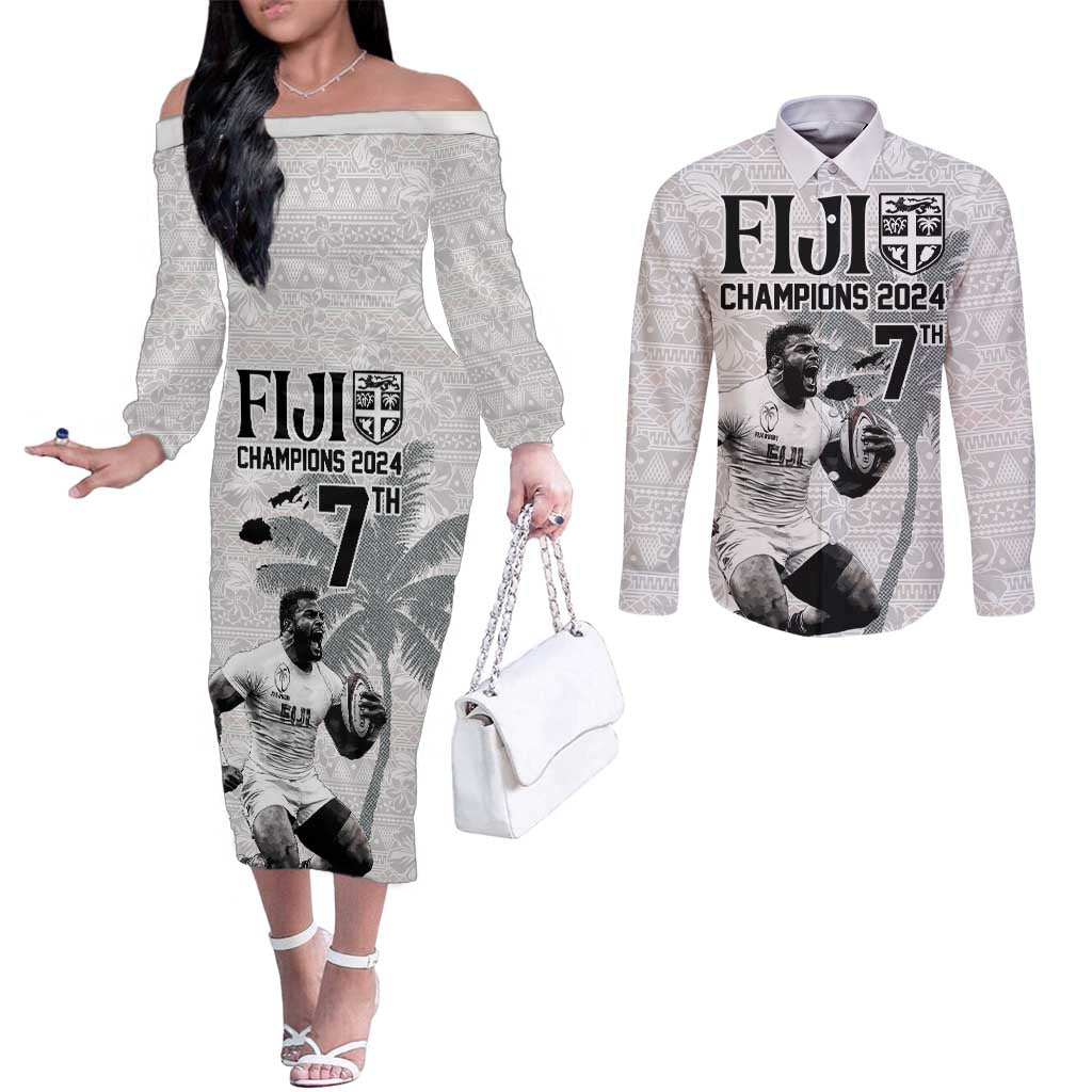 Custom Fiji Rugby Pacific Champions 2024 Couples Matching Off The Shoulder Long Sleeve Dress and Long Sleeve Button Shirt Anniversary 7 Titles - Fijians Rugby and Tapa Hibiscus White Art LT03 White - Polynesian Pride