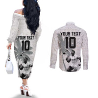Custom Fiji Rugby Pacific Champions 2024 Couples Matching Off The Shoulder Long Sleeve Dress and Long Sleeve Button Shirt Anniversary 7 Titles - Fijians Rugby and Tapa Hibiscus White Art LT03 - Polynesian Pride
