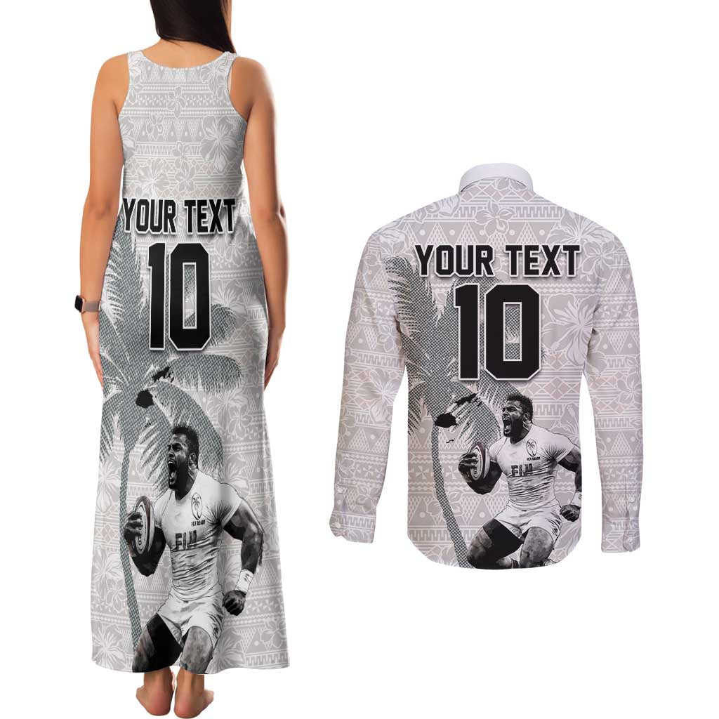 Custom Fiji Rugby Pacific Champions 2024 Couples Matching Tank Maxi Dress and Long Sleeve Button Shirt Anniversary 7 Titles - Fijians Rugby and Tapa Hibiscus White Art LT03 - Polynesian Pride