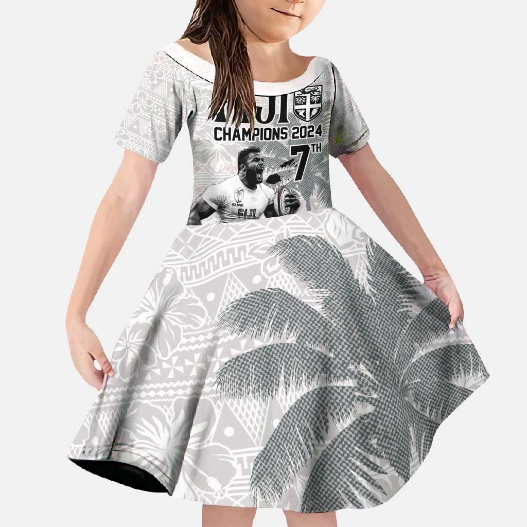 Custom Fiji Rugby Pacific Champions 2024 Family Matching Mermaid Dress and Hawaiian Shirt Anniversary 7 Titles - Fijians Rugby and Tapa Hibiscus White Art LT03 Daughter's Dress White - Polynesian Pride
