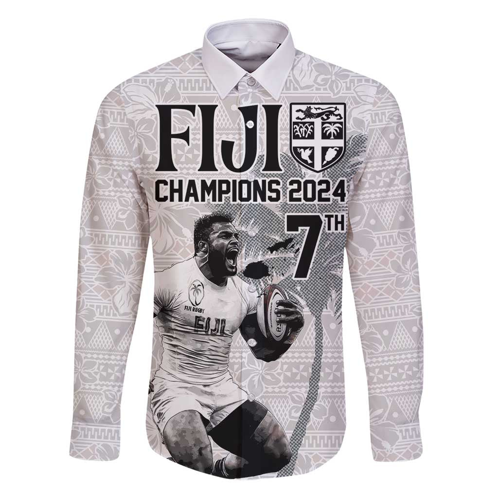 Custom Fiji Rugby Pacific Champions 2024 Family Matching Mermaid Dress and Hawaiian Shirt Anniversary 7 Titles - Fijians Rugby and Tapa Hibiscus White Art LT03 Dad's Shirt - Long Sleeve White - Polynesian Pride