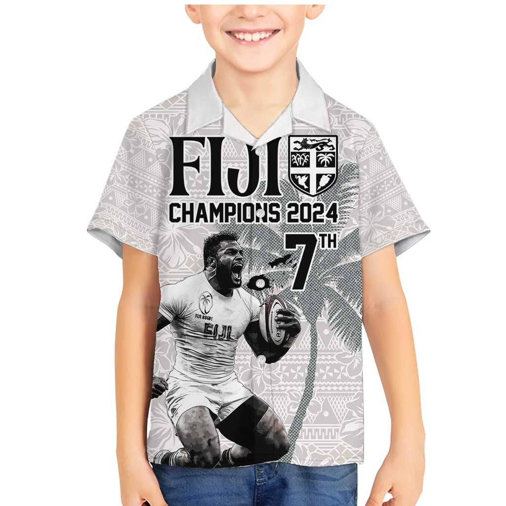 Custom Fiji Rugby Pacific Champions 2024 Family Matching Mermaid Dress and Hawaiian Shirt Anniversary 7 Titles - Fijians Rugby and Tapa Hibiscus White Art LT03 Son's Shirt White - Polynesian Pride