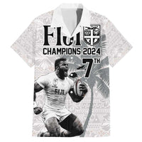 Custom Fiji Rugby Pacific Champions 2024 Family Matching Off Shoulder Short Dress and Hawaiian Shirt Anniversary 7 Titles - Fijians Rugby and Tapa Hibiscus White Art