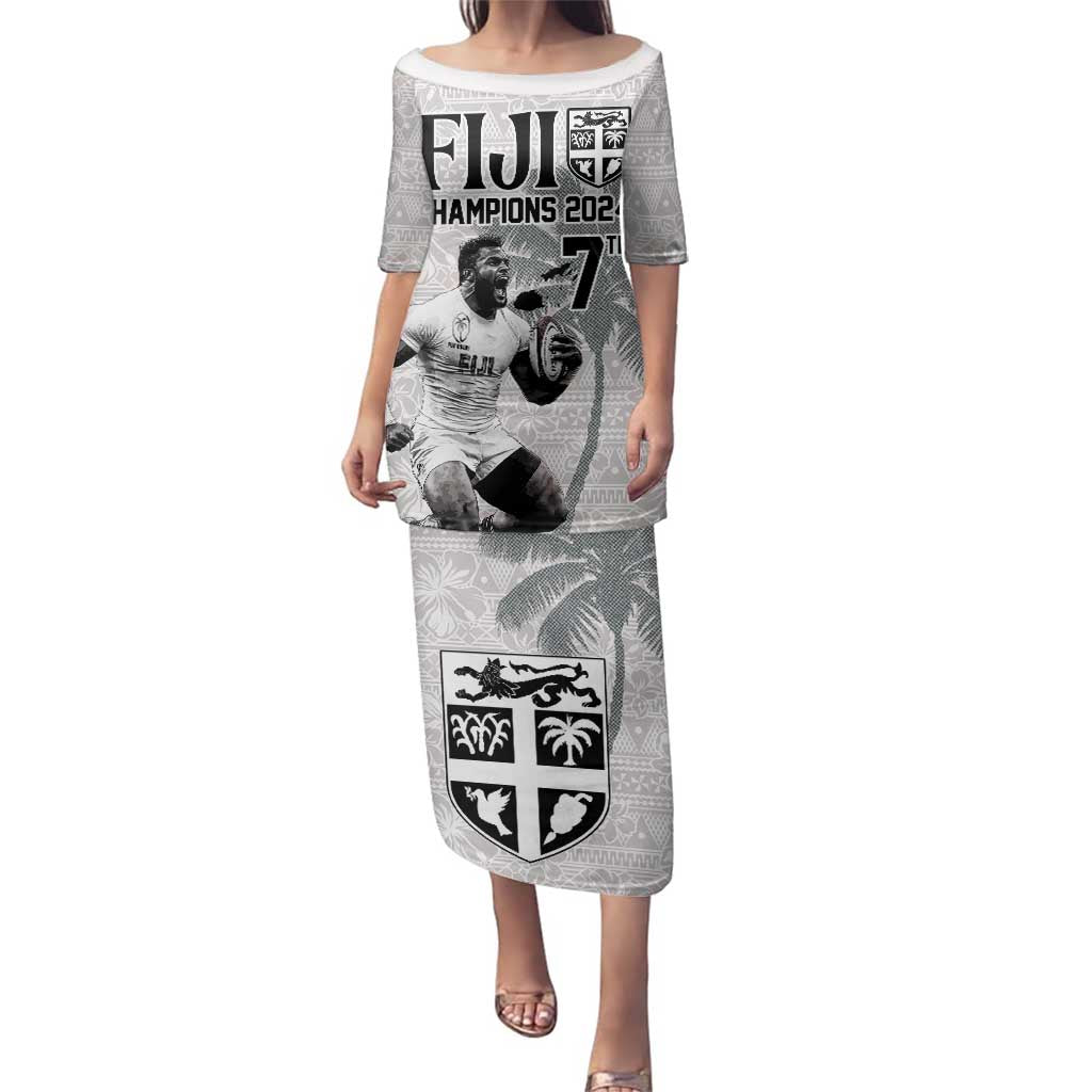 Custom Fiji Rugby Pacific Champions 2024 Family Matching Puletasi and Hawaiian Shirt Anniversary 7 Titles - Fijians Rugby and Tapa Hibiscus White Art LT03 Mom's Dress White - Polynesian Pride
