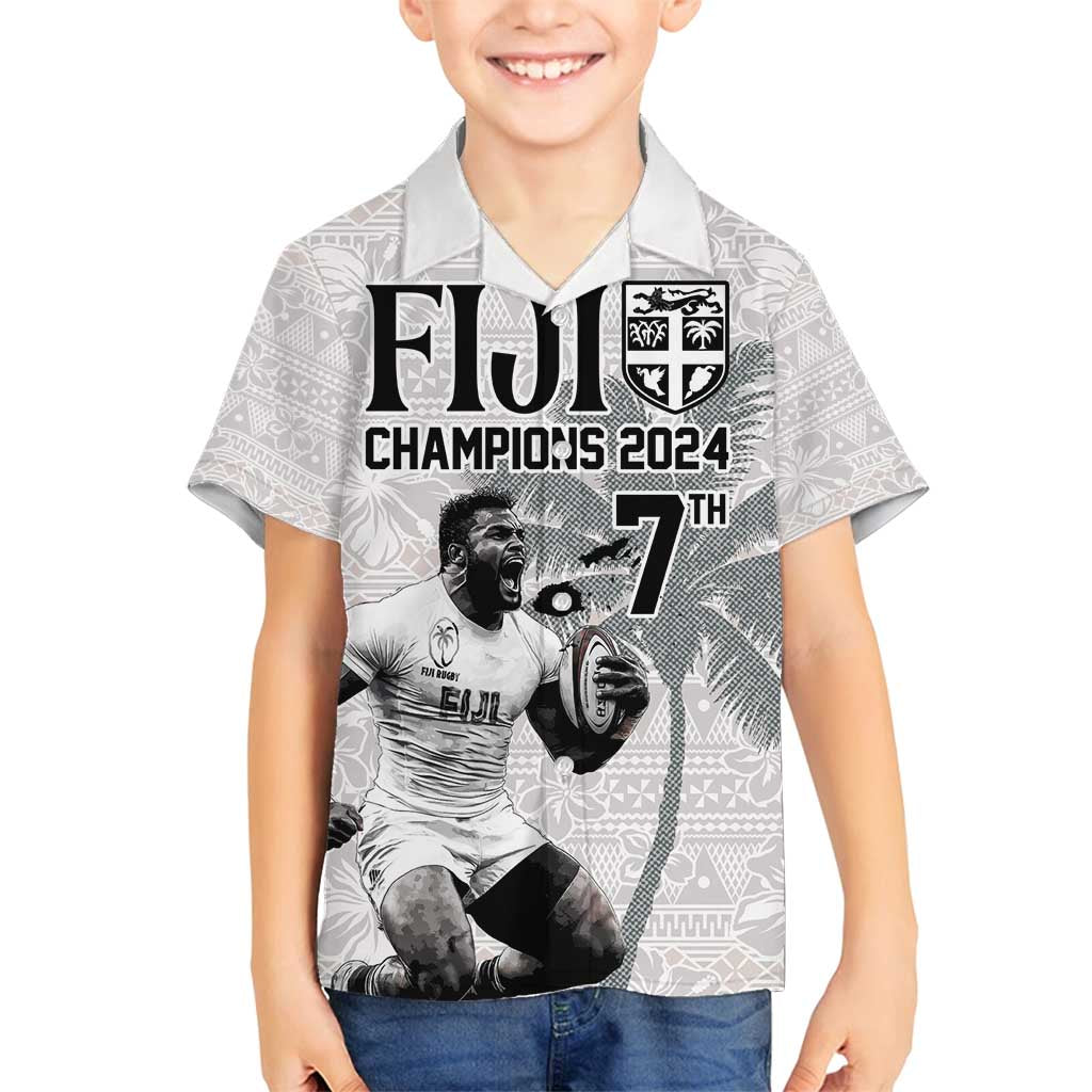 Custom Fiji Rugby Pacific Champions 2024 Family Matching Puletasi and Hawaiian Shirt Anniversary 7 Titles - Fijians Rugby and Tapa Hibiscus White Art LT03 Son's Shirt White - Polynesian Pride