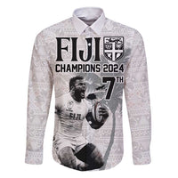 Custom Fiji Rugby Pacific Champions 2024 Family Matching Short Sleeve Bodycon Dress and Hawaiian Shirt Anniversary 7 Titles - Fijians Rugby and Tapa Hibiscus White Art LT03 Dad's Shirt - Long Sleeve White - Polynesian Pride
