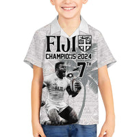 Custom Fiji Rugby Pacific Champions 2024 Family Matching Short Sleeve Bodycon Dress and Hawaiian Shirt Anniversary 7 Titles - Fijians Rugby and Tapa Hibiscus White Art LT03 Son's Shirt White - Polynesian Pride