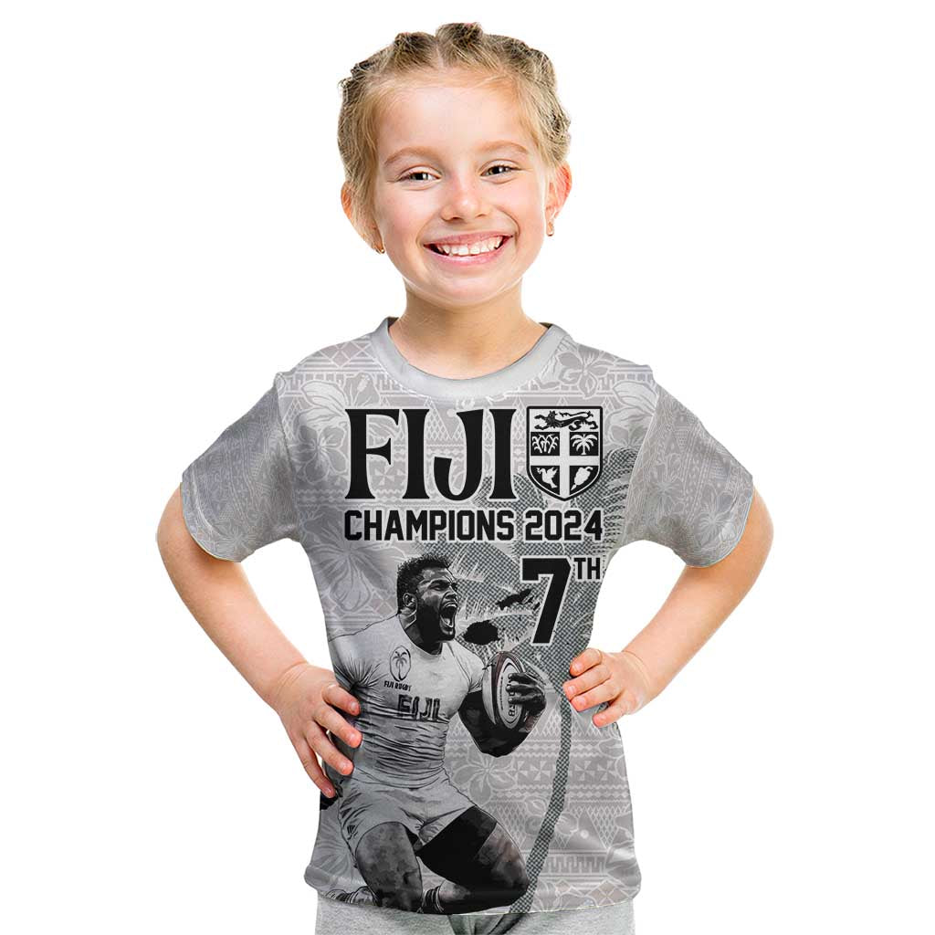 Custom Fiji Rugby Pacific Champions 2024 Kid T Shirt Anniversary 7 Titles - Fijians Rugby and Tapa Hibiscus White Art LT03 White - Polynesian Pride
