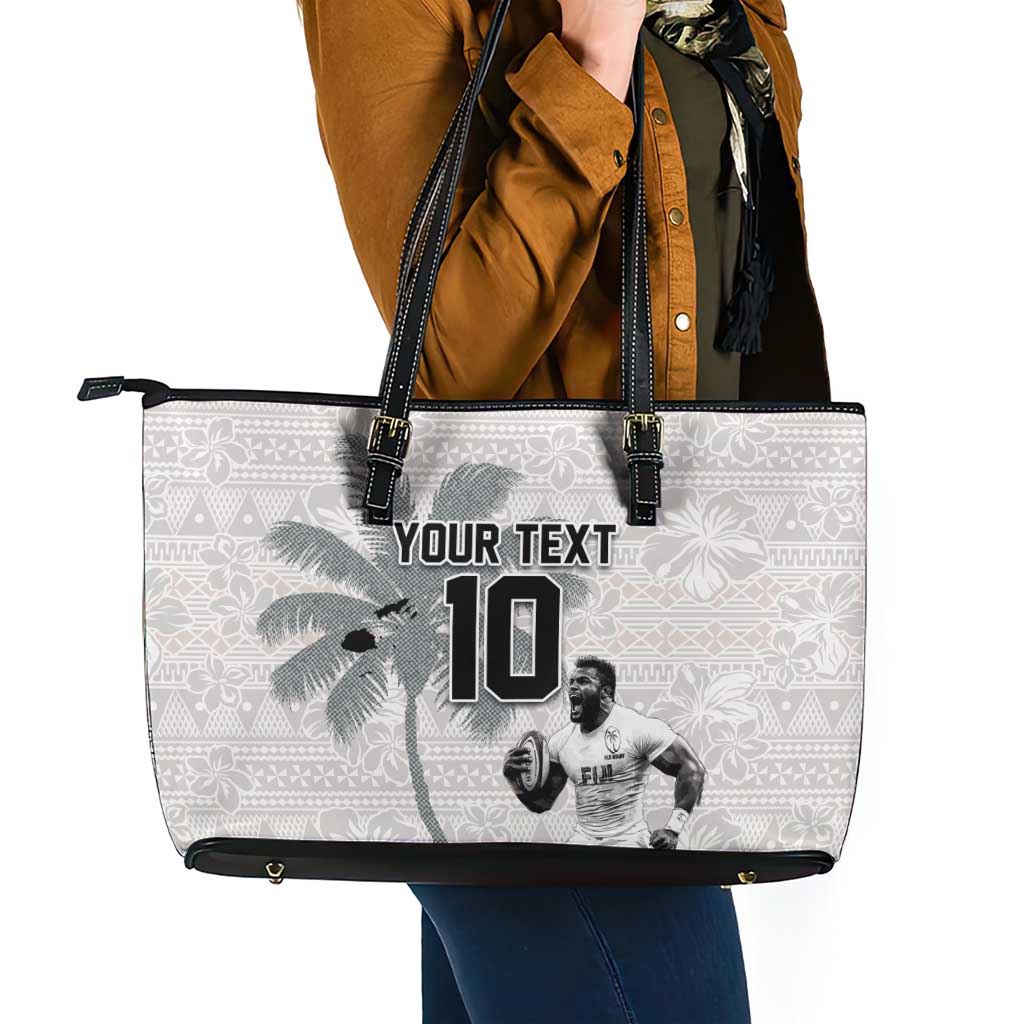 Custom Fiji Rugby Pacific Champions 2024 Leather Tote Bag Anniversary 7 Titles - Fijians Rugby and Tapa Hibiscus White Art LT03 - Polynesian Pride