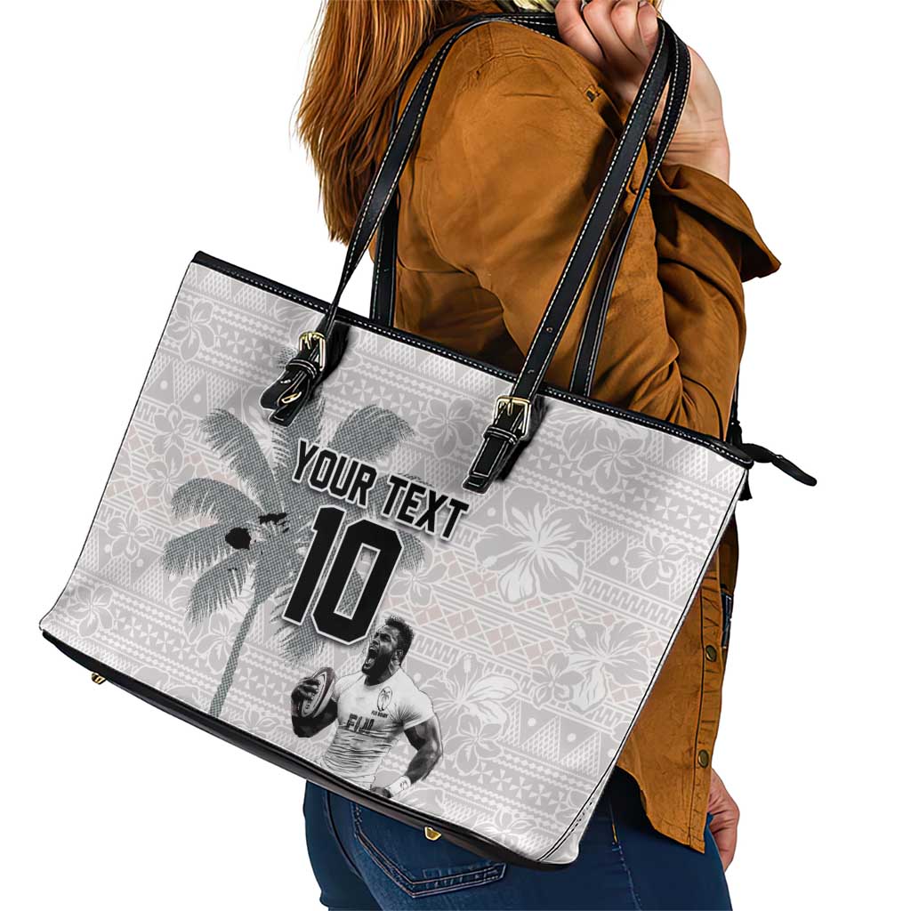 Custom Fiji Rugby Pacific Champions 2024 Leather Tote Bag Anniversary 7 Titles - Fijians Rugby and Tapa Hibiscus White Art LT03 - Polynesian Pride