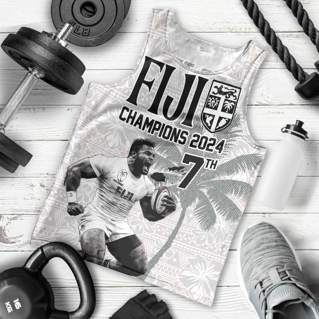 Custom Fiji Rugby Pacific Champions 2024 Men Tank Top Anniversary 7 Titles - Fijians Rugby and Tapa Hibiscus White Art LT03 - Polynesian Pride