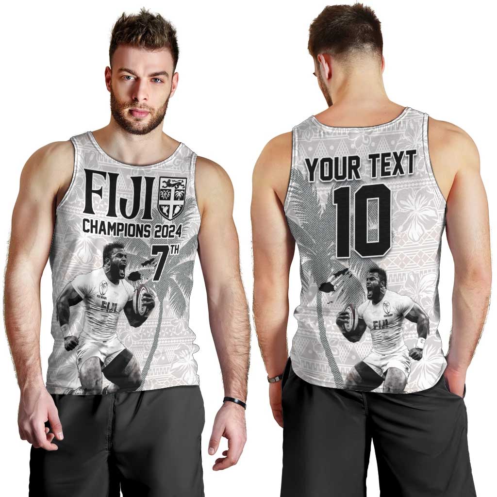 Custom Fiji Rugby Pacific Champions 2024 Men Tank Top Anniversary 7 Titles - Fijians Rugby and Tapa Hibiscus White Art LT03 - Polynesian Pride