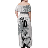 Custom Fiji Rugby Pacific Champions 2024 Off Shoulder Maxi Dress Anniversary 7 Titles - Fijians Rugby and Tapa Hibiscus White Art LT03 - Polynesian Pride