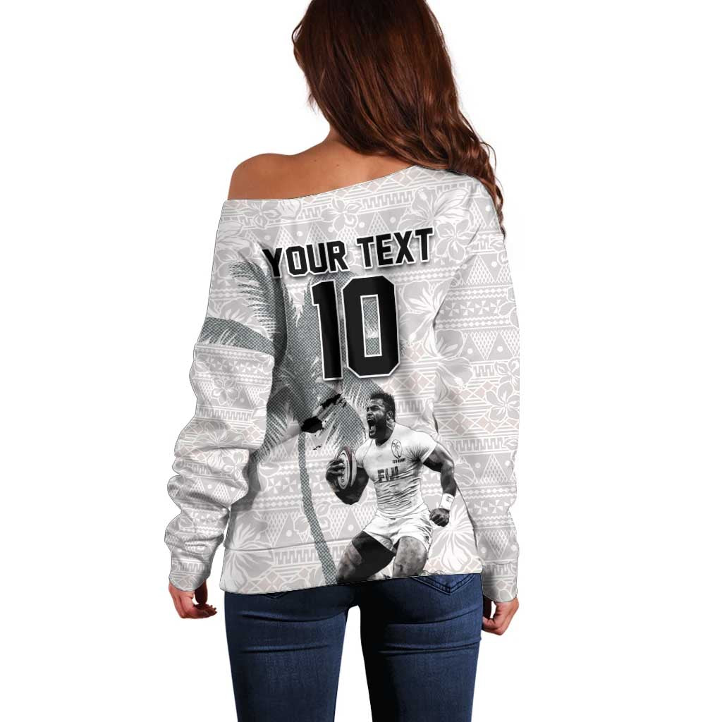Custom Fiji Rugby Pacific Champions 2024 Off Shoulder Sweater Anniversary 7 Titles - Fijians Rugby and Tapa Hibiscus White Art LT03 - Polynesian Pride