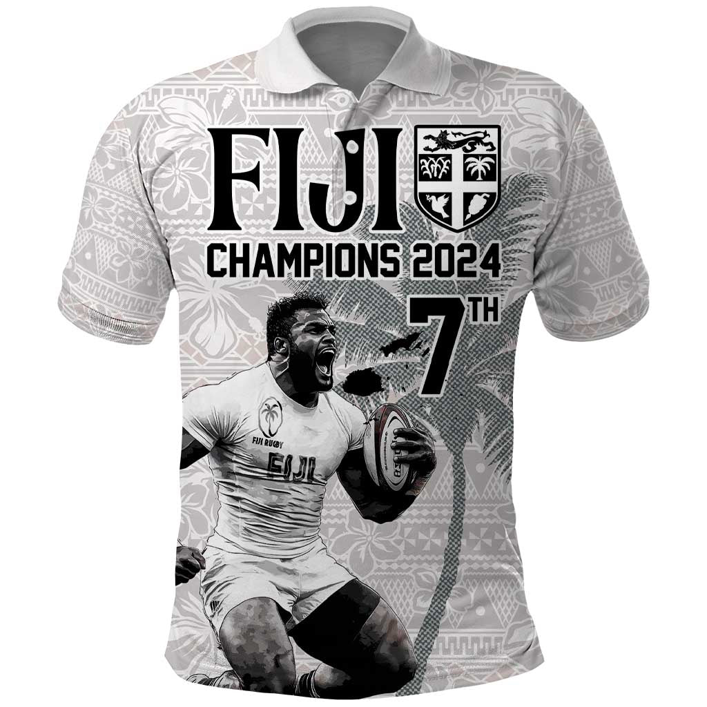 Custom Fiji Rugby Pacific Champions 2024 Polo Shirt Anniversary 7 Titles - Fijians Rugby and Tapa Hibiscus White Art LT03 White - Polynesian Pride