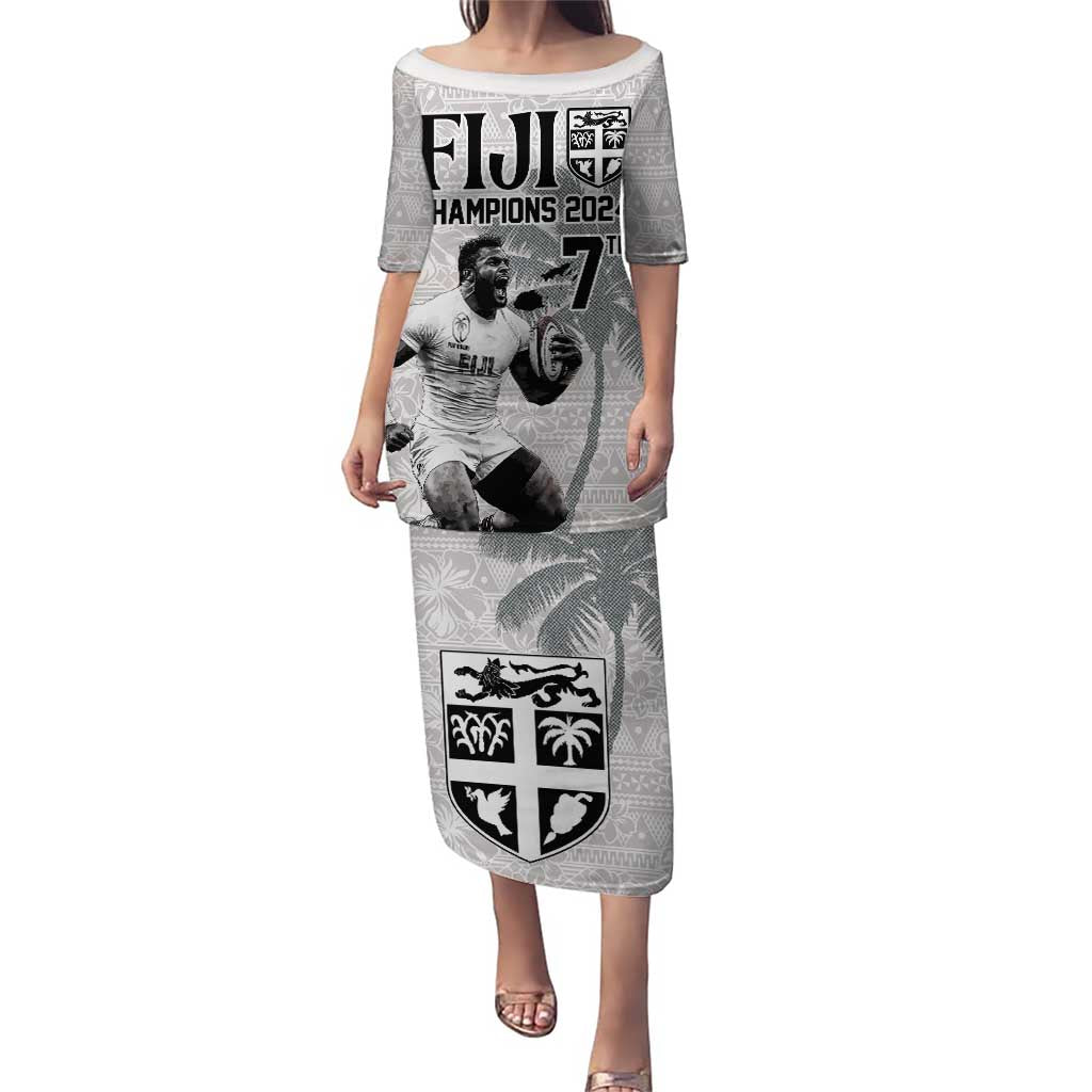 Custom Fiji Rugby Pacific Champions 2024 Puletasi Anniversary 7 Titles - Fijians Rugby and Tapa Hibiscus White Art LT03 Long Dress White - Polynesian Pride