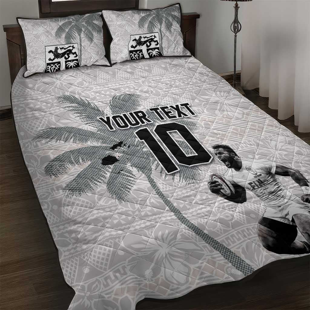 Custom Fiji Rugby Pacific Champions 2024 Quilt Bed Set Anniversary 7 Titles - Fijians Rugby and Tapa Hibiscus White Art LT03 White - Polynesian Pride
