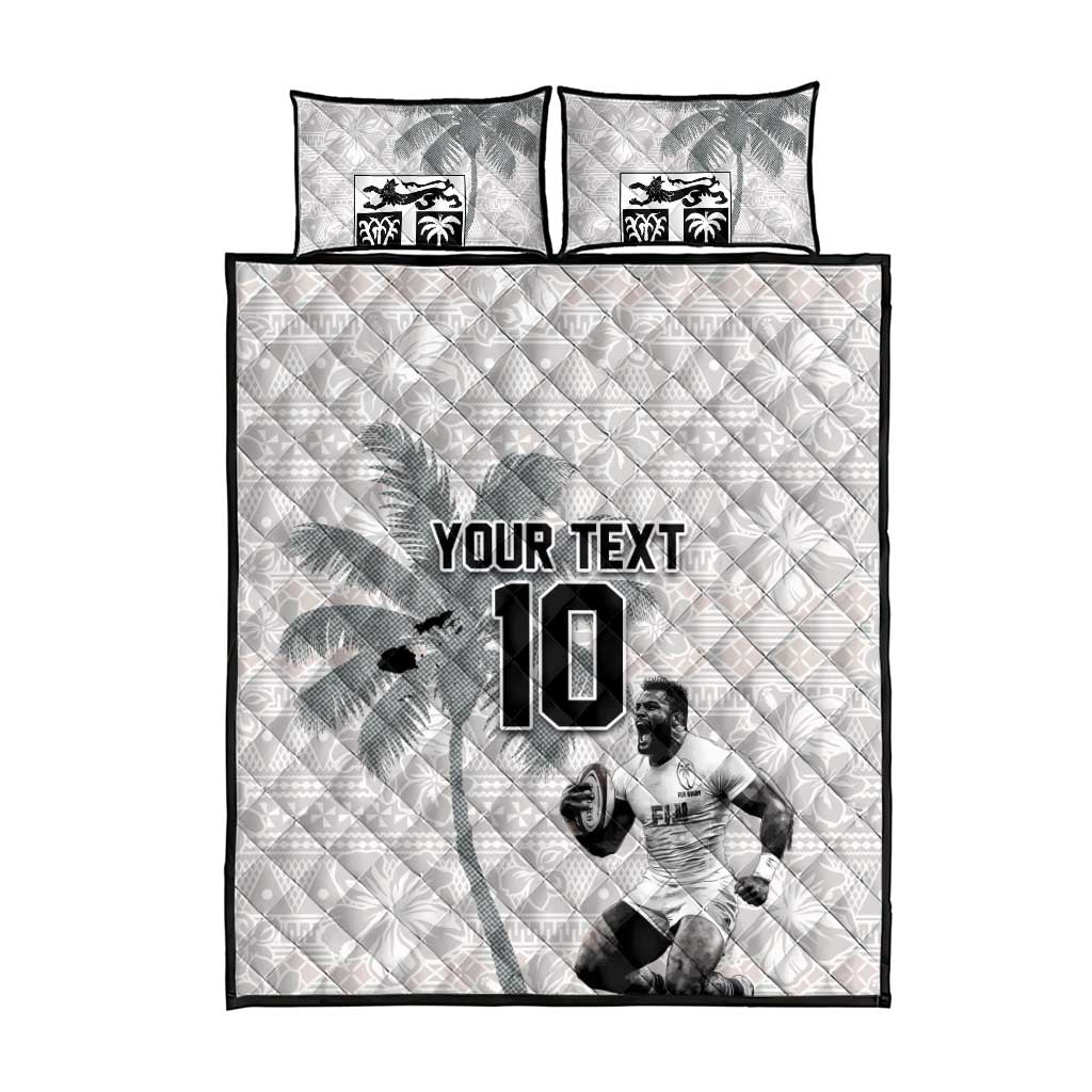 Custom Fiji Rugby Pacific Champions 2024 Quilt Bed Set Anniversary 7 Titles - Fijians Rugby and Tapa Hibiscus White Art LT03 - Polynesian Pride