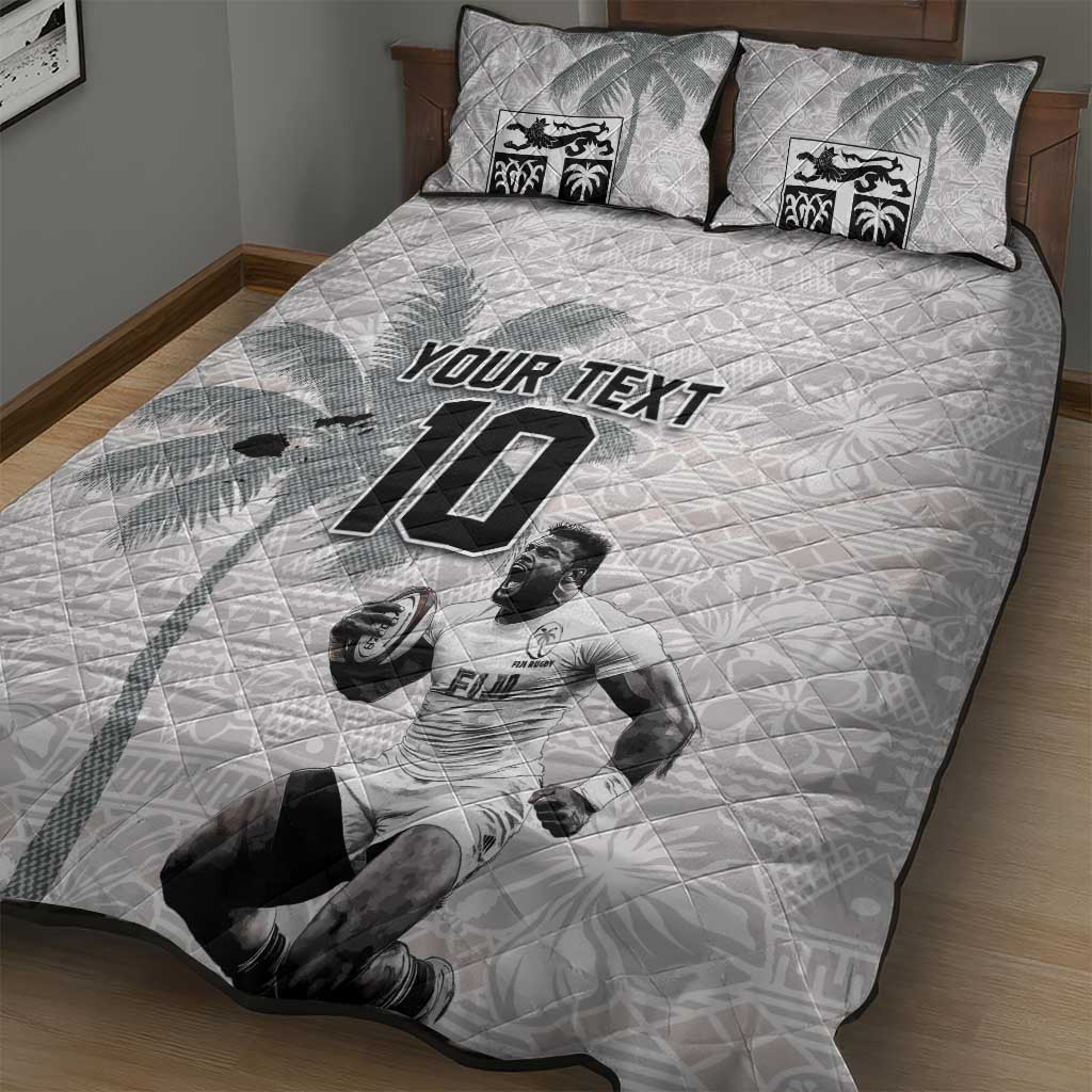 Custom Fiji Rugby Pacific Champions 2024 Quilt Bed Set Anniversary 7 Titles - Fijians Rugby and Tapa Hibiscus White Art LT03 - Polynesian Pride
