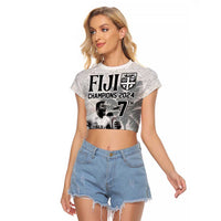 Custom Fiji Rugby Pacific Champions 2024 Raglan Cropped T Shirt Anniversary 7 Titles - Fijians Rugby and Tapa Hibiscus White Art LT03 Female White - Polynesian Pride