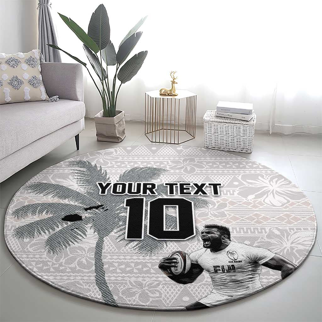 Custom Fiji Rugby Pacific Champions 2024 Round Carpet Anniversary 7 Titles - Fijians Rugby and Tapa Hibiscus White Art LT03 - Polynesian Pride