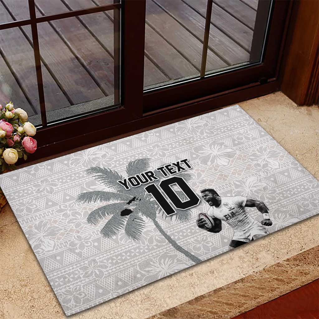 Custom Fiji Rugby Pacific Champions 2024 Rubber Doormat Anniversary 7 Titles - Fijians Rugby and Tapa Hibiscus White Art LT03 - Polynesian Pride