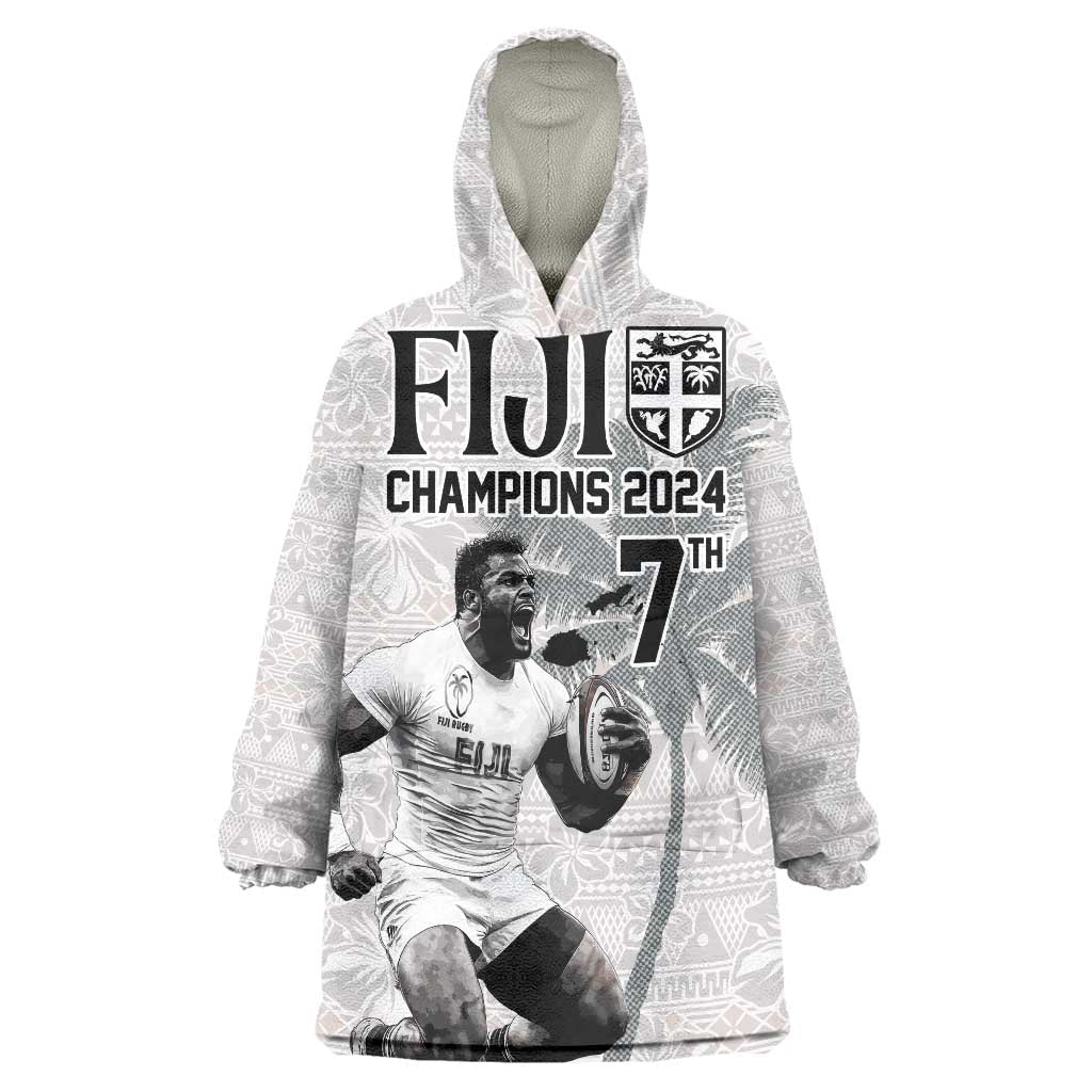 Custom Fiji Rugby Pacific Champions 2024 Wearable Blanket Hoodie Anniversary 7 Titles - Fijians Rugby and Tapa Hibiscus White Art