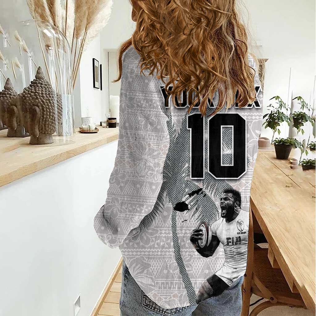 Custom Fiji Rugby Pacific Champions 2024 Women Casual Shirt Anniversary 7 Titles - Fijians Rugby and Tapa Hibiscus White Art LT03 - Polynesian Pride