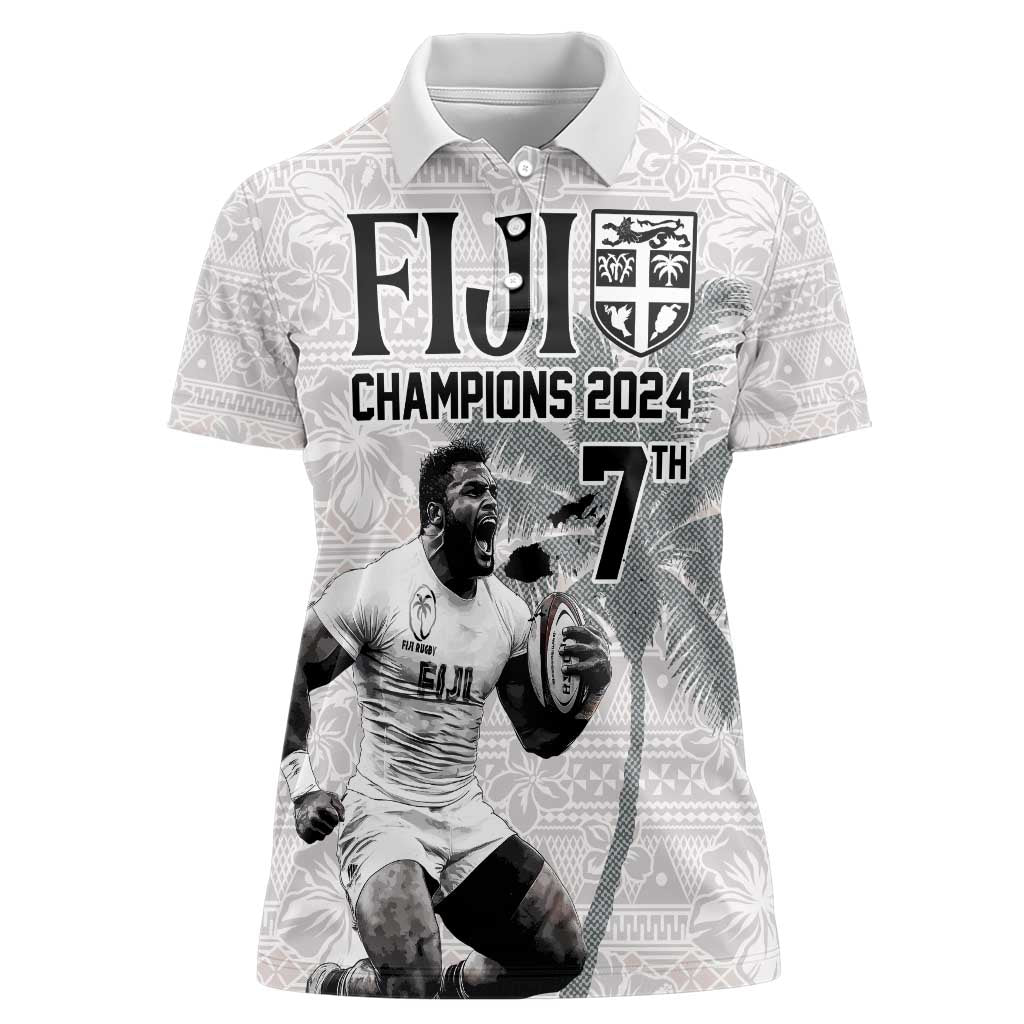 Custom Fiji Rugby Pacific Champions 2024 Women Polo Shirt Anniversary 7 Titles - Fijians Rugby and Tapa Hibiscus White Art LT03 Female White - Polynesian Pride
