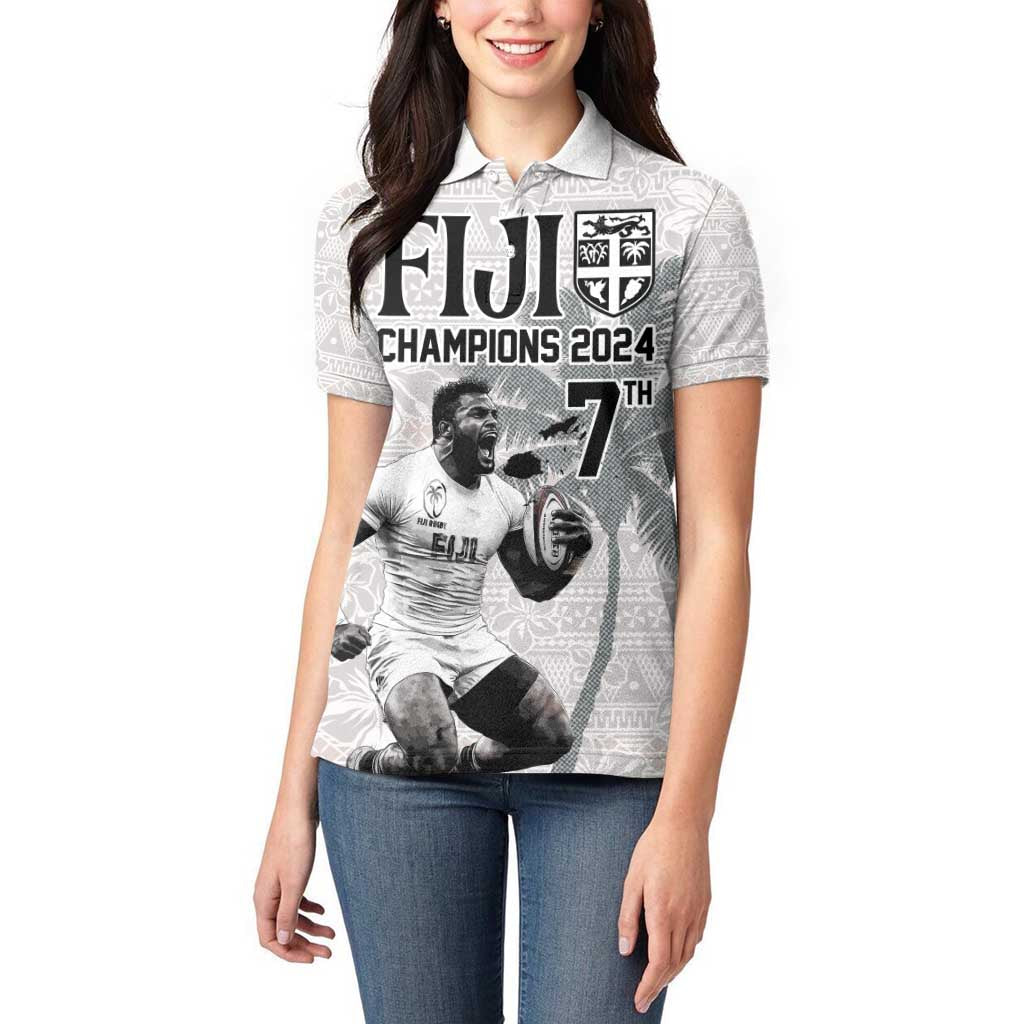Custom Fiji Rugby Pacific Champions 2024 Women Polo Shirt Anniversary 7 Titles - Fijians Rugby and Tapa Hibiscus White Art LT03 - Polynesian Pride