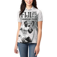 Custom Fiji Rugby Pacific Champions 2024 Women Polo Shirt Anniversary 7 Titles - Fijians Rugby and Tapa Hibiscus White Art LT03 - Polynesian Pride