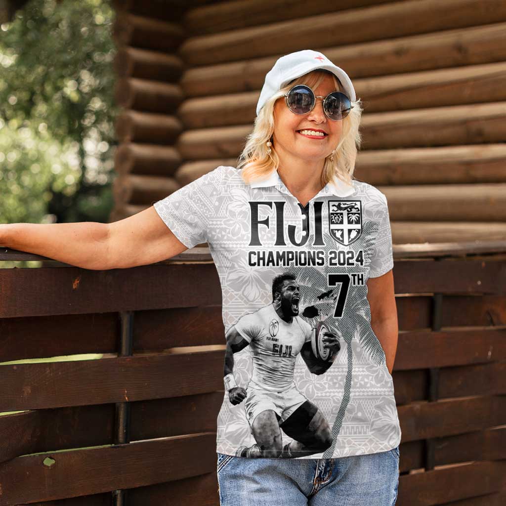 Custom Fiji Rugby Pacific Champions 2024 Women Polo Shirt Anniversary 7 Titles - Fijians Rugby and Tapa Hibiscus White Art LT03 - Polynesian Pride